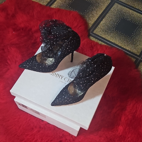 Jimmy Choo Black Heels with Polka Dot Mesh - Picture 1 of 9